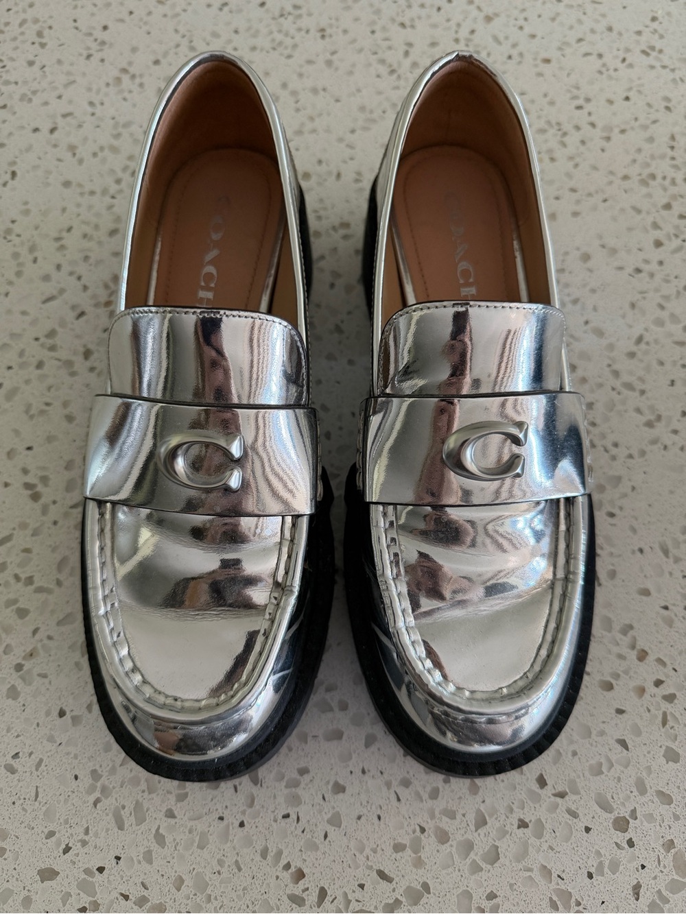 Coach Leah Women’s Silver Metallic Lug Sole Loafers